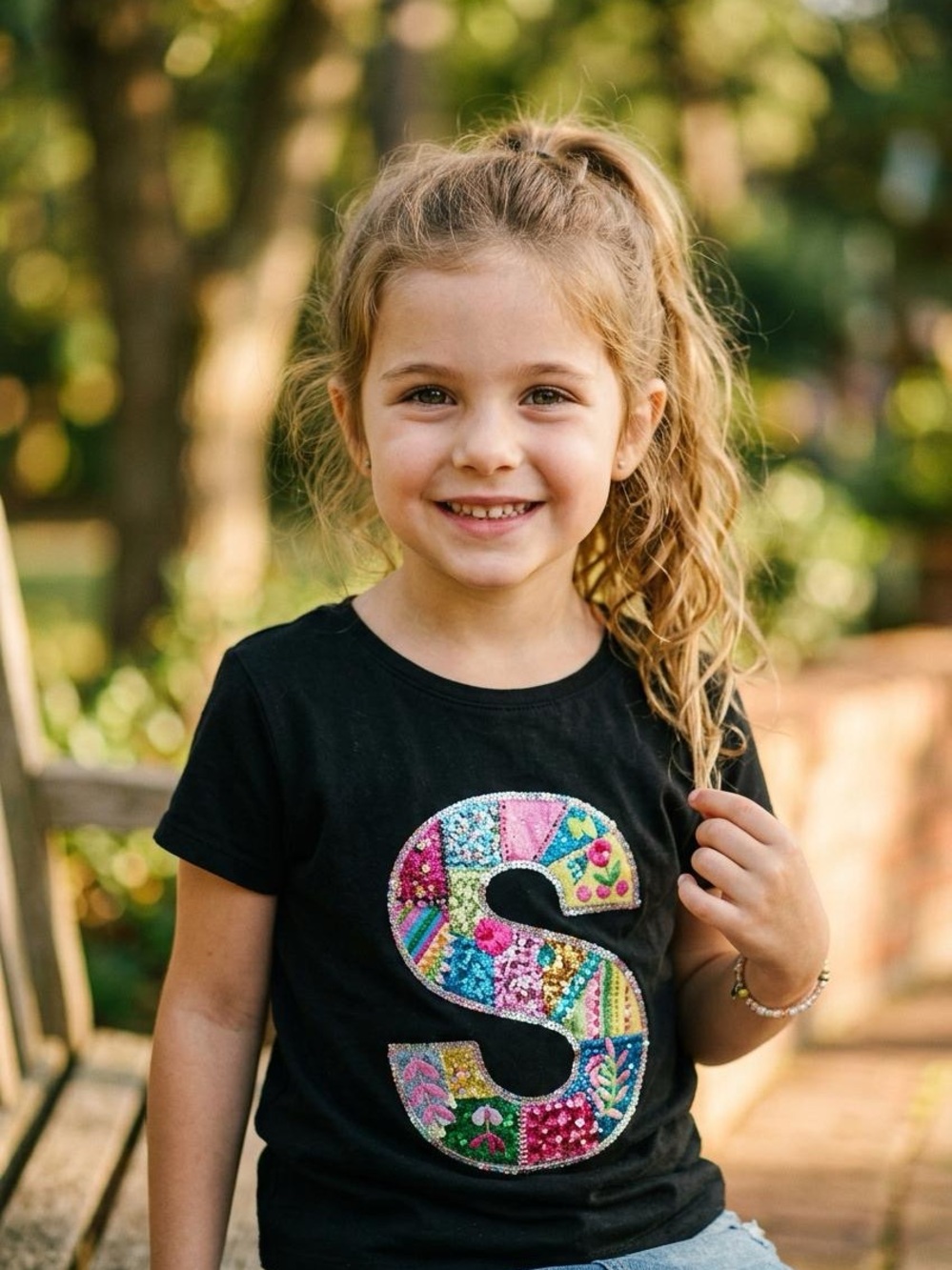 Justice Black Tee with Multicolor Sequin 'S' Patch